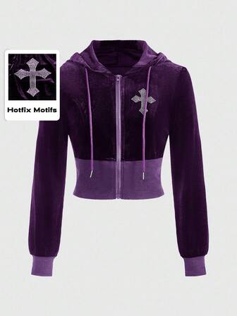 Goth Women's Autumn Rhinestone Cross Pattern Zip-Up Drawstring Hooded Casual Jacket