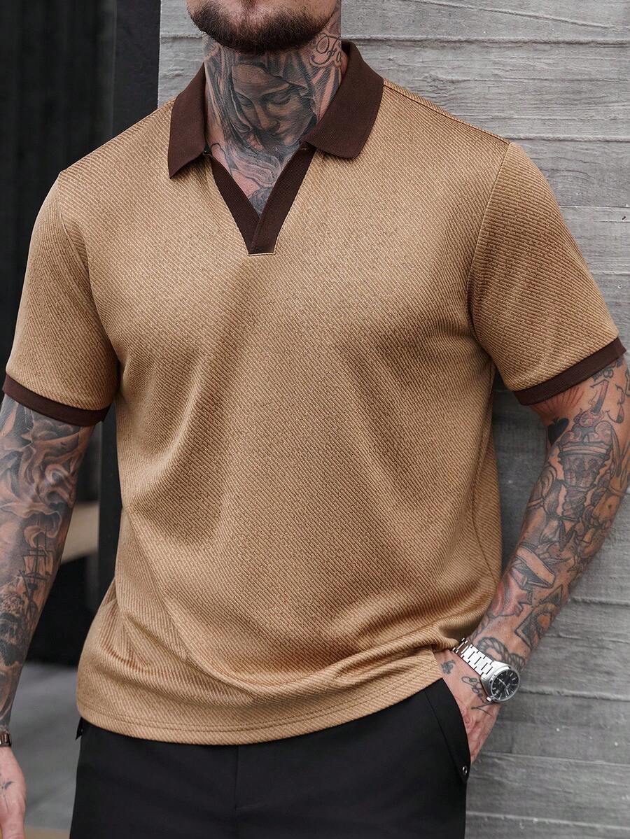 Manfinity CasualCool 男士翻领 Polo 衫，华夫格针织面料，休闲百搭，适合日常穿着、朋友聚会和周末休闲，INS 热销百搭单品 - 卡其色 - 查看 1