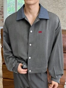 SWAVVY 男士时尚刺绣长袖纽扣衬衫，秋季 - 灰色 - 查看 2