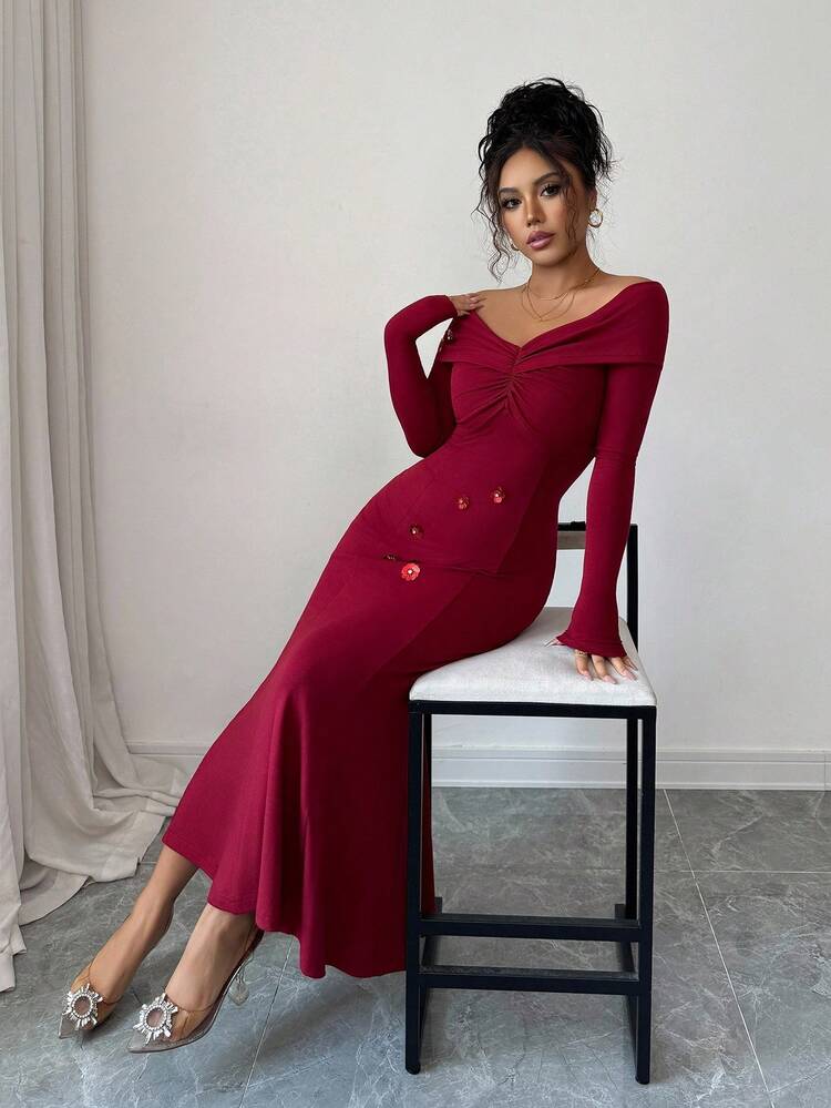 Off Shoulder Long Sleeve Red Knit Dress, Waist Cinched, Elegant Autumn/Winter Formal Gown Maxi Dress