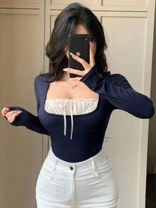 DAZY 秋/春季撞色蕾丝边蝴蝶结袖口修身长袖女式T恤 Y2K可爱上衣 - 藏蓝色 - 查看 8