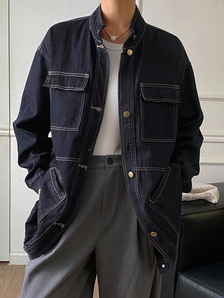 Women's Stand Collar Large Pocket Decor Loose Mid-Length City Casual Denim Jacket And Coat