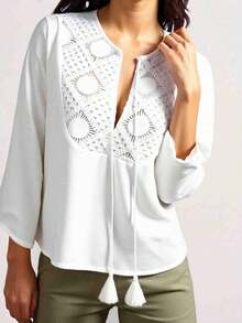 CAJUNI 女式波西米亚风格度假休闲系带白色拼接长袖流苏衬衫 - 白色 - 查看 4