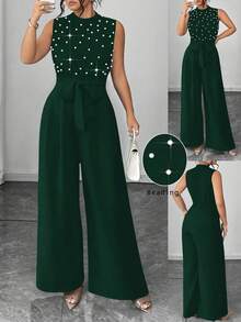 Elenzga Plus Size Elegant Beaded Sleeveless Round Neck Top And Straight Leg Jumpsuit - Dark Green - View 1