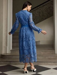 ZEYLAH Women's Elegant Solid Color Lace Midi Dress - Blue - View 3