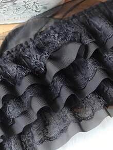 1 码黑色褶皱欧根纱蕾丝边褶皱网眼雪纺饰带复古风格边饰面料刺绣贴花缝纫工艺婚礼新娘礼服派对装饰