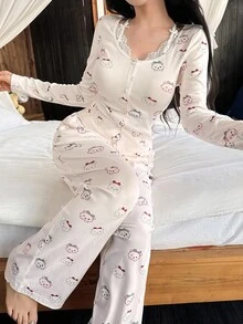 DAZY Conjunto de pijama de mujer con pantalón largo holgado y top corto con estampado de dibujos animados, ropa de otoño