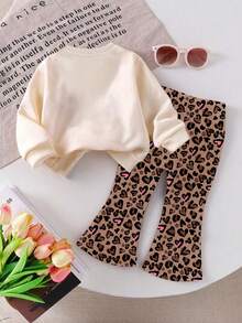 SHEIN Retro Streetwear Leopard Print Heart Pattern, Baby Girl Knit Soft Casual Crew Neck Thick Sweatshirt And Flare Pants Set - Multicolor - View 2