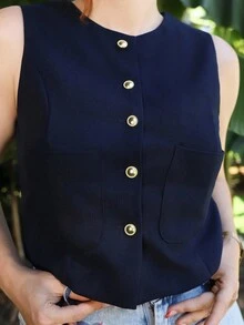 Gretanique Casual Sleeveless Fitted Jacket, Women, Solid Color Round Neck, Spring/Summer,Fall Clothes - Navy Blue - View 3