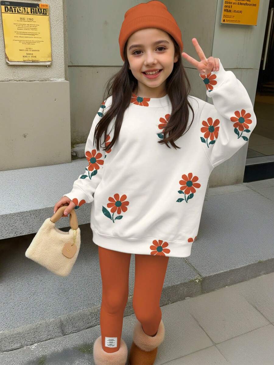 SHEIN Happikins 2pcs/Set Young Girl Casual Vintage Floral Print Round Neck Long Sleeve Sweatshirt And Leggings Set, Suitable For Autumn/Winter Fall - Multicolor - View 1