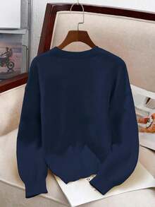 SHEIN 女士花卉图案长袖休闲圆领毛衣，秋冬 - 寶藍色 - 查看 2