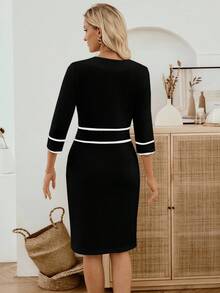 EMERY ROSE Women's Elegant Patchwork Mid-Length Party Dress - Black and White - View 2