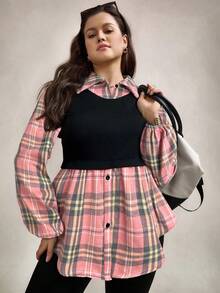Zelara LUNE 加大码立领格子长灯笼袖针织撞色拼接休闲宽松衬衫办公室女装两件套纽扣装饰 - 粉色 - 查看 5