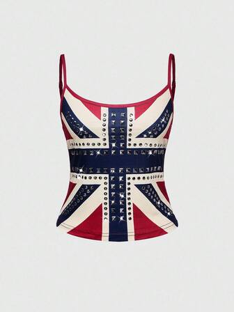 Grunge Punk Canotta da donna stile Kpop Y2K vintage con stampa della bandiera del Regno Unito, strass e borchie