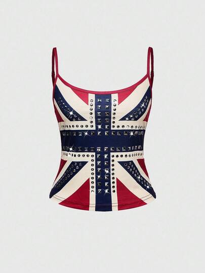 Grunge Punk Top de tirantes con estampado de bandera del Reino Unido, con remaches y cristales, estilo vintage Y2K para mujer