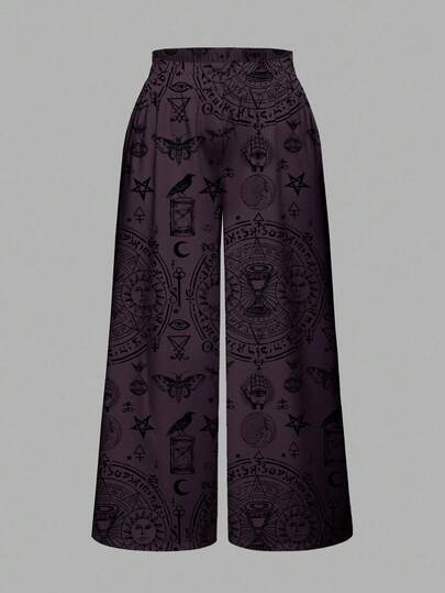 Goth Pantalones anchos y sueltos de talla grande con estampado de constelación, cuervo, sol y bruja gótica oscura y de terror