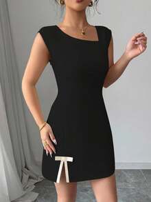 Rafferiza Boat Neck Color Block Patchwork Open Slit Bowknot Dress Fall Cloth For Women - Black - View 5