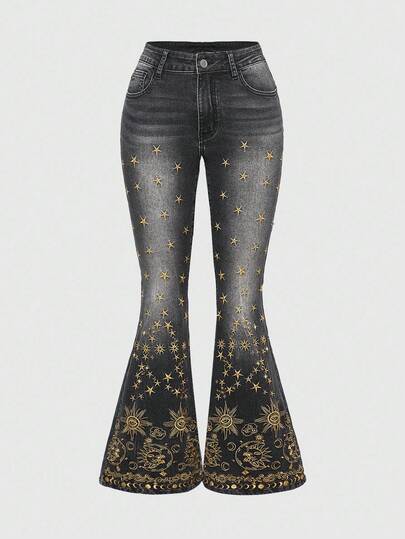 ROMWE Avant Women's Retro Hippie Sun Moon Star Embroidered Skinny Flare Jeans