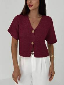 Aloruh Nueva chaqueta de punto casual con cuello en V profundo, manga corta, delgada, de doble botón, con cintura ceñida, de estilo minimalista y de moda para el otoño/invierno - Burdeos - Ver 4