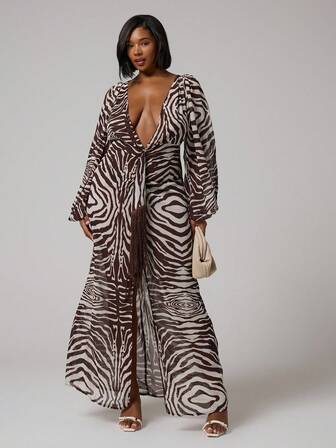 MUSERA Plus Chiffon Zebra Print Extreme Plunge Long Sleeve Maxi Slit Fringe Detail Dress Autumn Winter Going Out Loose Sexy Autumn Winter Fall  Elegant ChrIstmas Party, Festive, Holidays