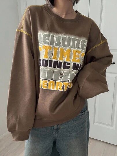 FRIFUL 女式宽松圆领运动衫，带装饰图案印花，厚实保暖内衬