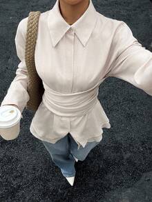 Siren Gaze 新款秋季女式休闲长袖衬衫，前扣开合，腰部收紧 - 杏色 - 查看 5