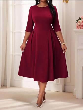 SHEIN Lady 2025 New  Plus Size Women's Elegant Summer And Winter Elegant Burgundy Knitted Round Neck Flowy Long Sleeve Plus Size Dresses Masquerade Ball Dress Dark Red Long Sleeve Dress Valentines Clothes,Valentine's Day For Valentine's Day