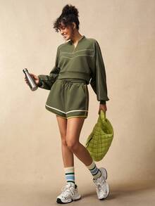 VARSIVA 2pcs/Set Contrast Trim Sweatshirt And Shorts Sports Outfit - Multicolor - View 9