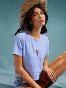 WESTFADE Koszulka niemowlęca z okrągłym dekoltem i haftowanym homarem, z krótkim rękawem i prostym krojem w paski, urocza jesienna bluzka, luźna koszulka, dzianinowy top, jesień, zima, styl kowbojki, styl country, boho - Niebieski - Zobacz 6