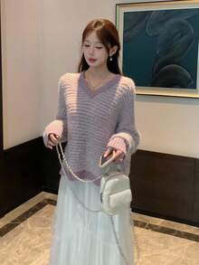 DAZY Women's V-Neck Korean Style Long Sleeve Fuzzy Knit Sweater, Autumn/Winter - Grey - View 4
