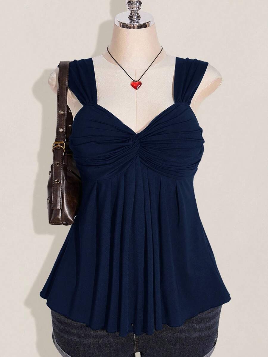 SHEIN ICON Plus Size Women's Black Twist Front Sleeveless Babydoll Knit Top, Y2K Style, Suitable For Graduation/Back To School Season, Summer Cute Tops - Navy Blue - View 1
