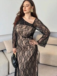 Modelyn 优雅大码女式蕾丝束腰连衣裙 - 黑色 - 查看 5