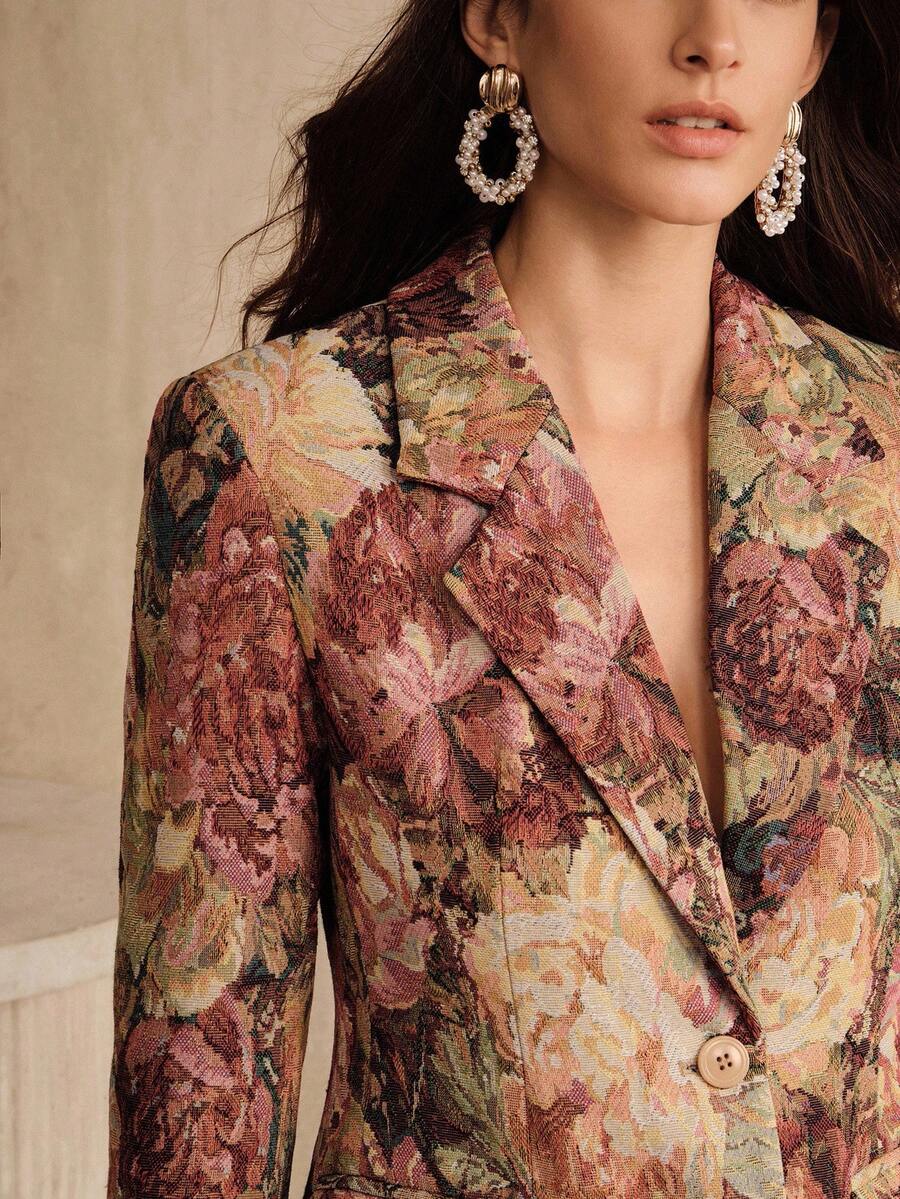 Anewsta Áo khoác blazer dáng cổ điển thanh lịch, chất liệu jacquard ngẫu nhiên, thắt eo, thích hợp cho nữ, thích hợp đi nghỉ mát. - Nhiều màu - Xem 1