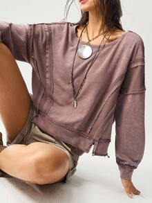 Bohemela Áo sweatshirt nữ dáng rộng, tay dài, màu trơn, kiểu boho, thích hợp cho mùa thu/đông. - Màu nâu  Mocha - Xem 3