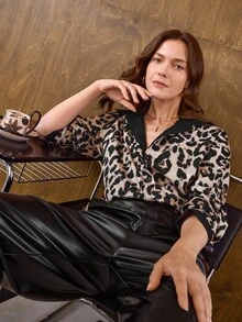 Hansera 1pc Women Loose Leopard Print Casual Shirt - Brown - View 1