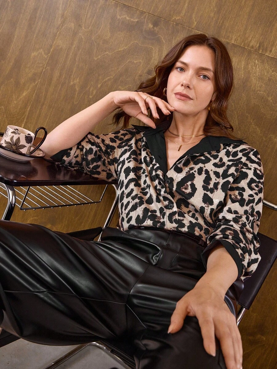 Hansera 1pc Women Loose Leopard Print Casual Shirt - Brown - View 1