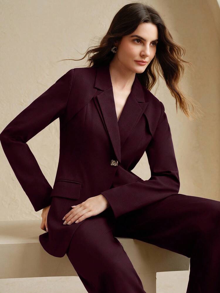 Elegant Burgundy Elegant Business Casual Women's Blazer Jacket, Waist Cinched Design, Long Sleeve