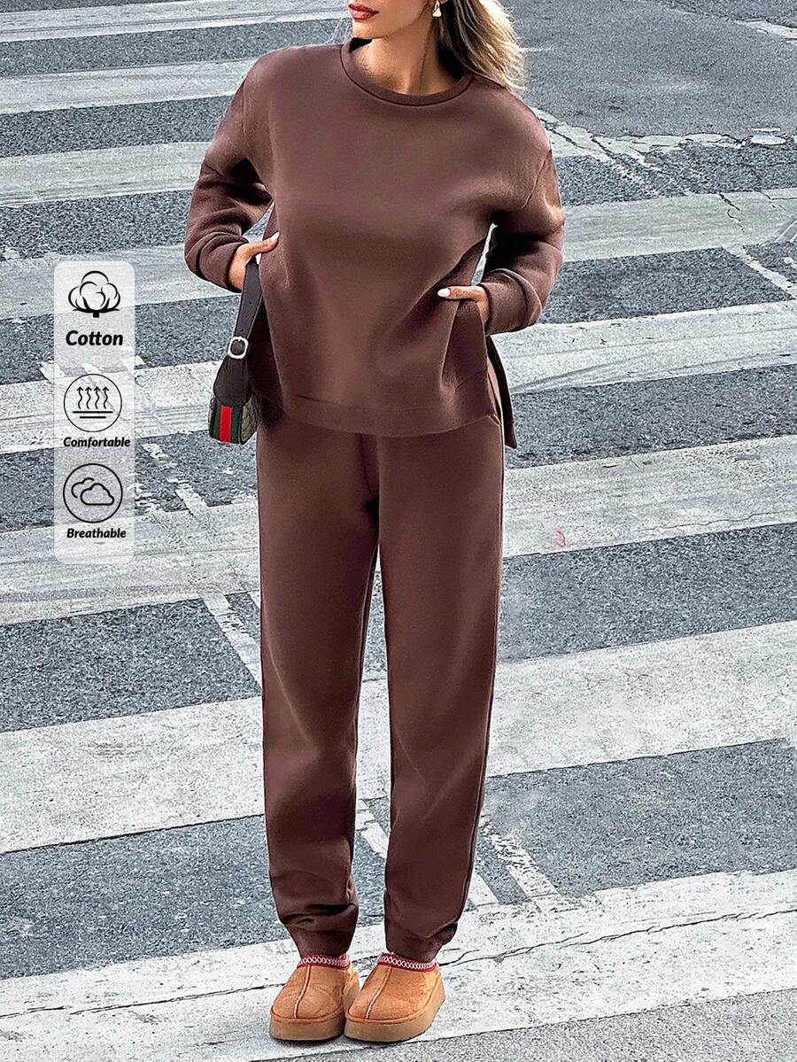 SHEIN Tall Conjunto de dos piezas de sudadera con detalle de abertura lateral en unicolor de temporada y pantalón jogger ajustado en talla alta