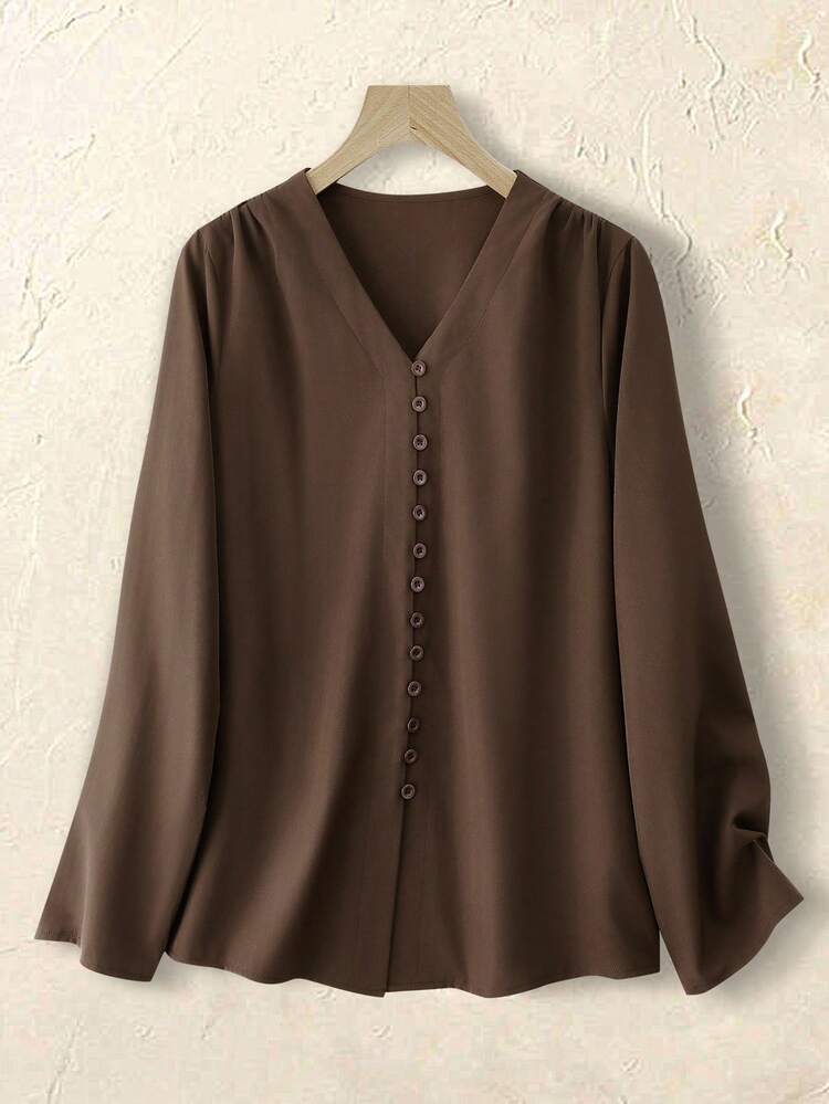 Women's Solid Color V-Neck Long Sleeve Button Design Casual Loose Shirt Brown Top Brown Thanksgiving For Women