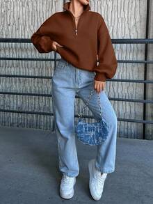 EURMUSE Women'S Solid Color Drop Shoulder Zip Up Sweatshirt - Brown - View 5