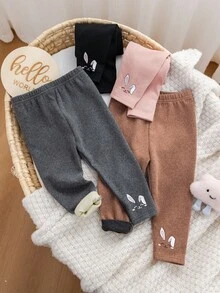 SHEIN 女宝宝可爱百搭卡通图案松紧腰裤，秋冬 - 粉色 - 查看 5