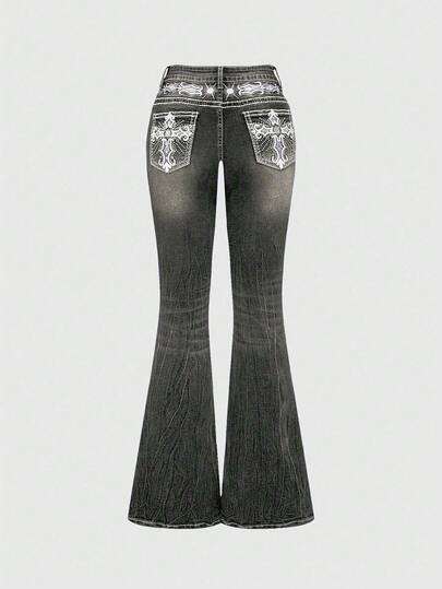 PETITE Y2K Retro Midriff-Baring Pocket Cross Embroidery Fitted Flare Leg Women Low Waist Jeans