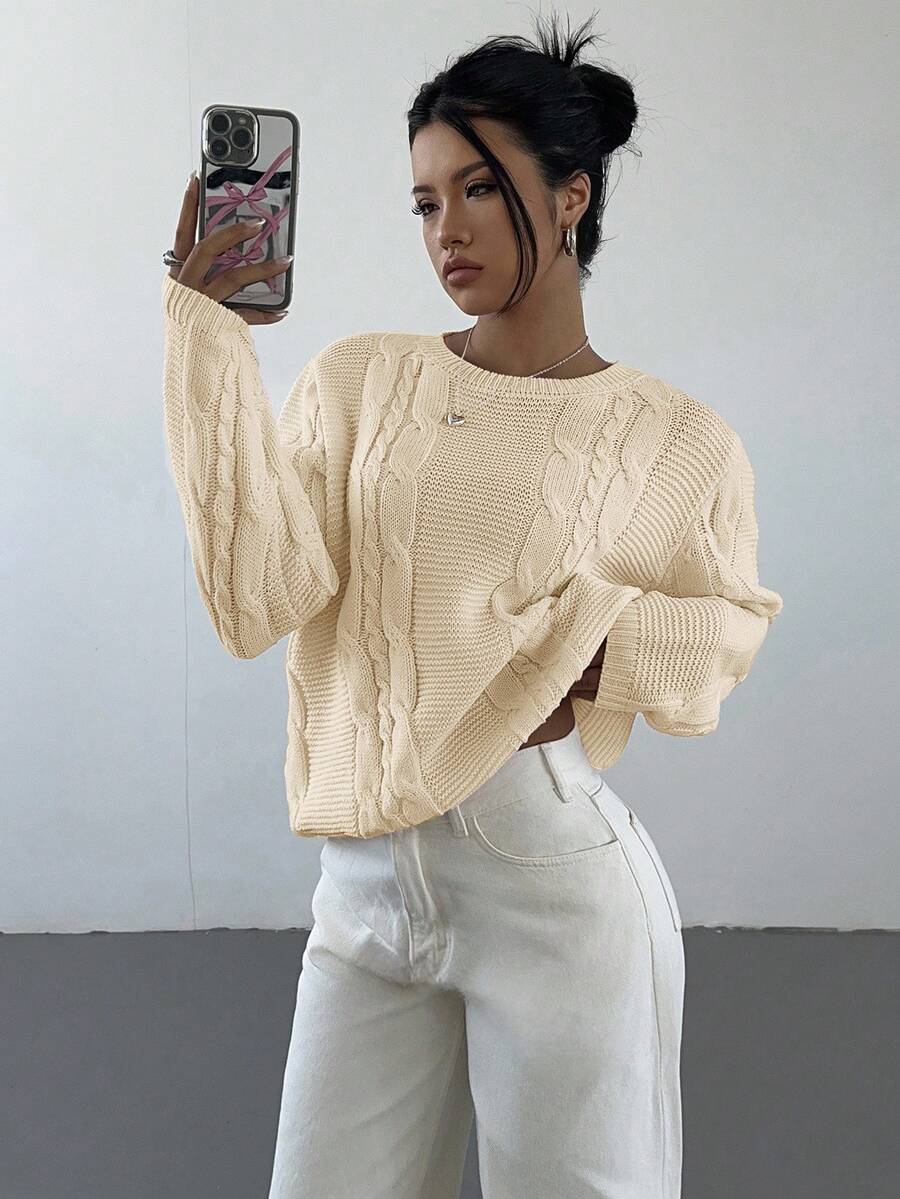 Aloruh Women's Casual Crew Neck Long Sleeve Sweater With Cable Pattern, Autumn/Winter - Apricot - View 1