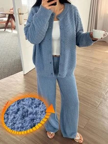 DAZY Women's Loose Textured Half Fleece Knit Fluffy Lounge Set, Fall Winter Clothes, Cozy Outfit