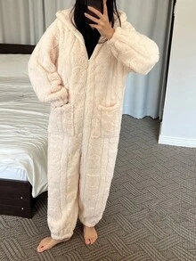 DAZY 女士毛绒连帽兔耳连体睡衣，秋冬款 - 米色 - 查看 3