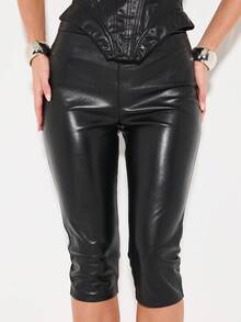 KIZN High Waisted Faux Leather Capri Leggings Women PU Cropped Stretch Pants