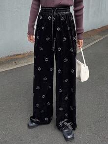 FRIFUL Pantaloni casual larghi in velluto nero con vita elastica e coulisse, con ricamo floreale, versatili per l'autunno - nero - Visualizzare 5
