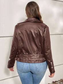 SHEIN Privé Plus Size Elegant Casual Personalized High Street Music Festival Long Sleeve Blazer Lapel Pocket PU Embossed Jacket, Suitable For Holiday, New Year, Party, Elegant Office Wear Autumn Winter Clothes For Women