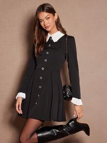Enchnt Vestido elegante mini con cuello de contraste, manga larga, diseño de botones y bajo plisado - Negro - Ver 4