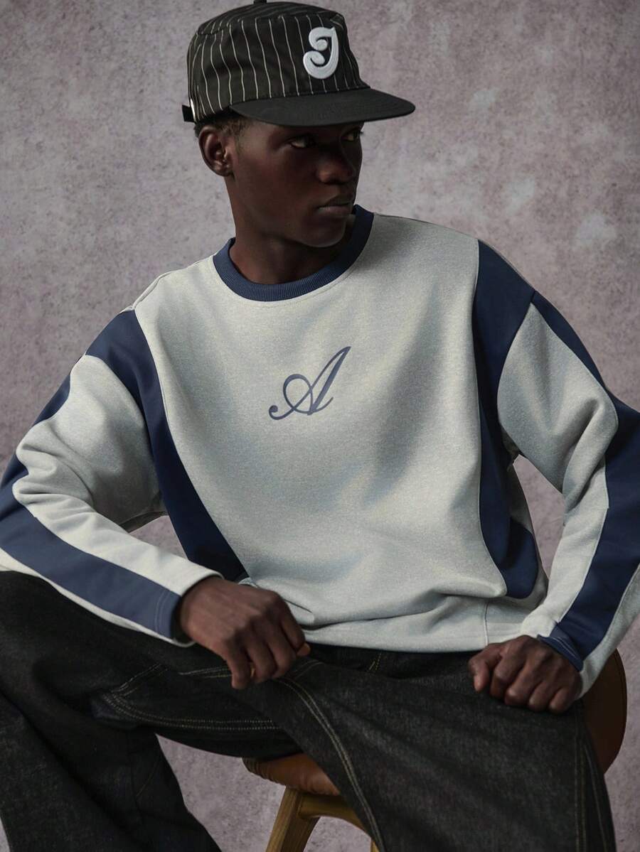 STYNVO Men's Autumn Musical Note Print Round Neck Long Sleeve Contrast Color Casual Pullover Sweatshirt - Grey - View 1